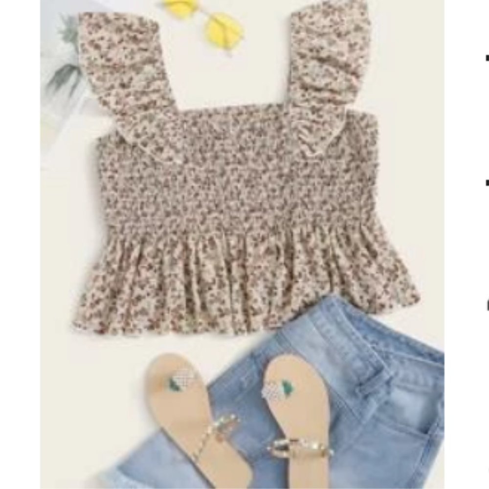 RUFFLE TRIM SHIRRED DUTSY FLORAL PEPLUM TOP
